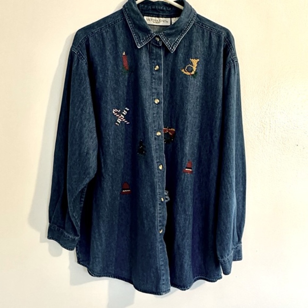 Vintage Christmas Victoria Jones Denim Button Down Shirt Sz 2x Embroidered